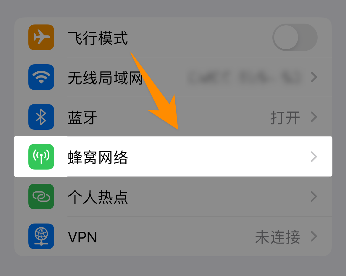 iPhone 设置中的蜂窝网络